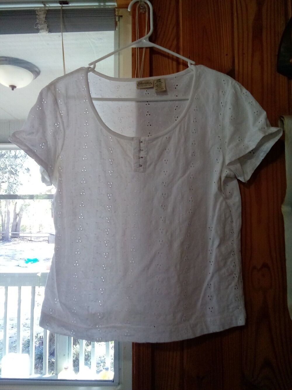 St Johns Bay Womens L White Top Pullover Cotton Knit Eyelet